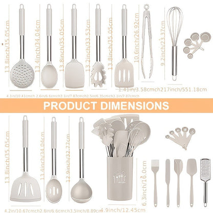 Silicone Kitchen Utensil Set with 25 Tools and Accessories, Holder and Grey, Black or Coffee Colors