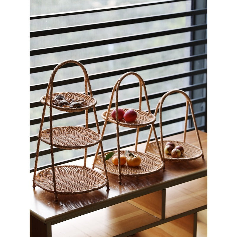 Round Tiered Serving Tray with Woven-Look Frame in Single- or Two-Layer Light Coffee Configurations
