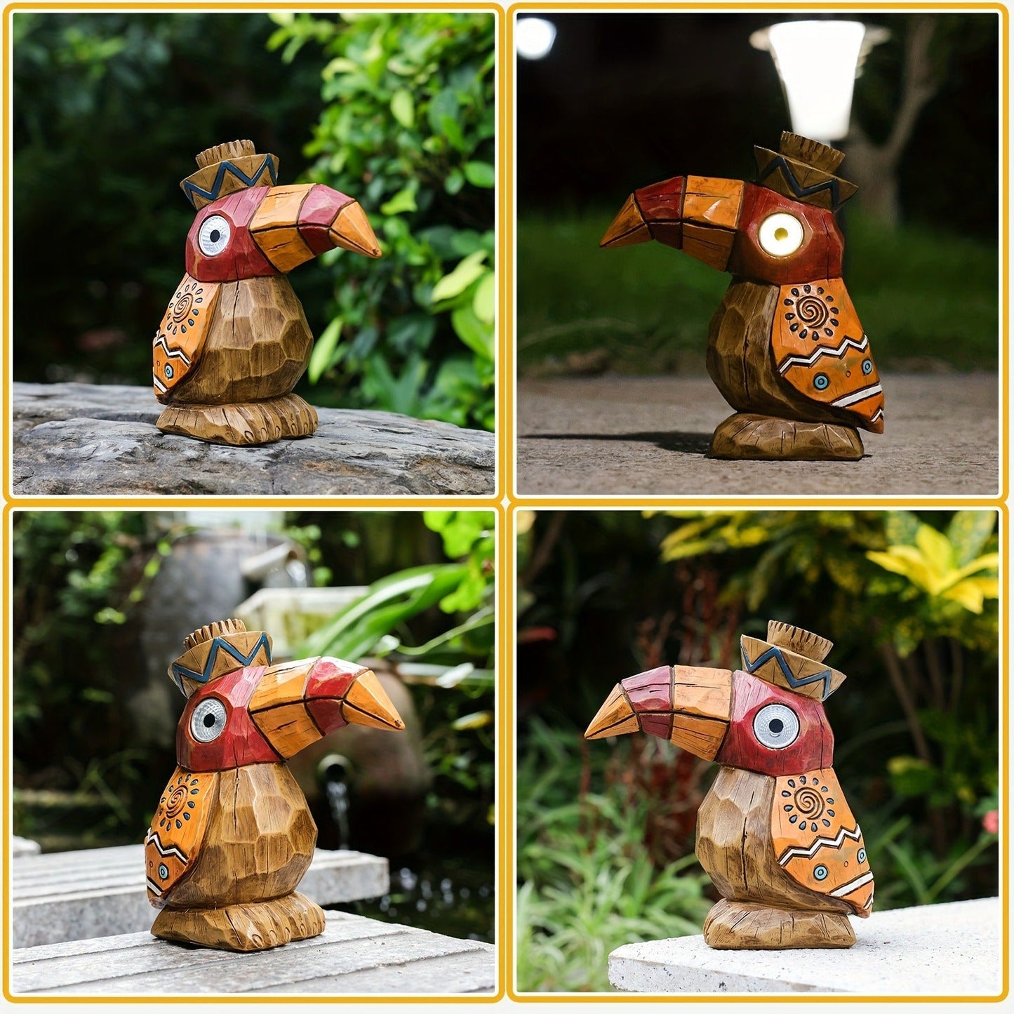 Solar Garden Statue, Tiki Woodpecker Bird Outdoor Light Sculpture for Patio, Pool & Yard Decor