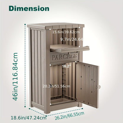 Tall Light-Brown Parcel Outdoor Storage Box with Drop Compartment, Front Door and Lock Hardware