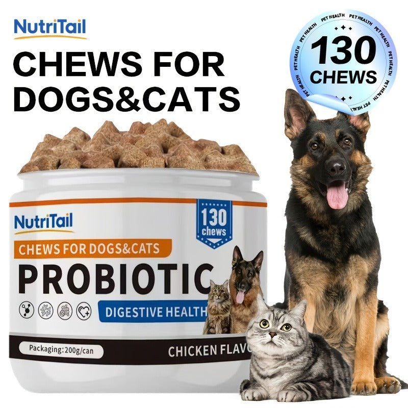 Pet Soft Chews for Skin & Hair, Probiotics & Calming – 200g / 130 Chewable Tablets, Moisturizes Skin, Maintains Coat