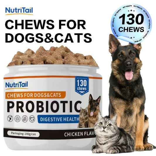 Pet Soft Chews for Skin & Hair, Probiotics & Calming – 200g / 130 Chewable Tablets, Moisturizes Skin, Maintains Coat