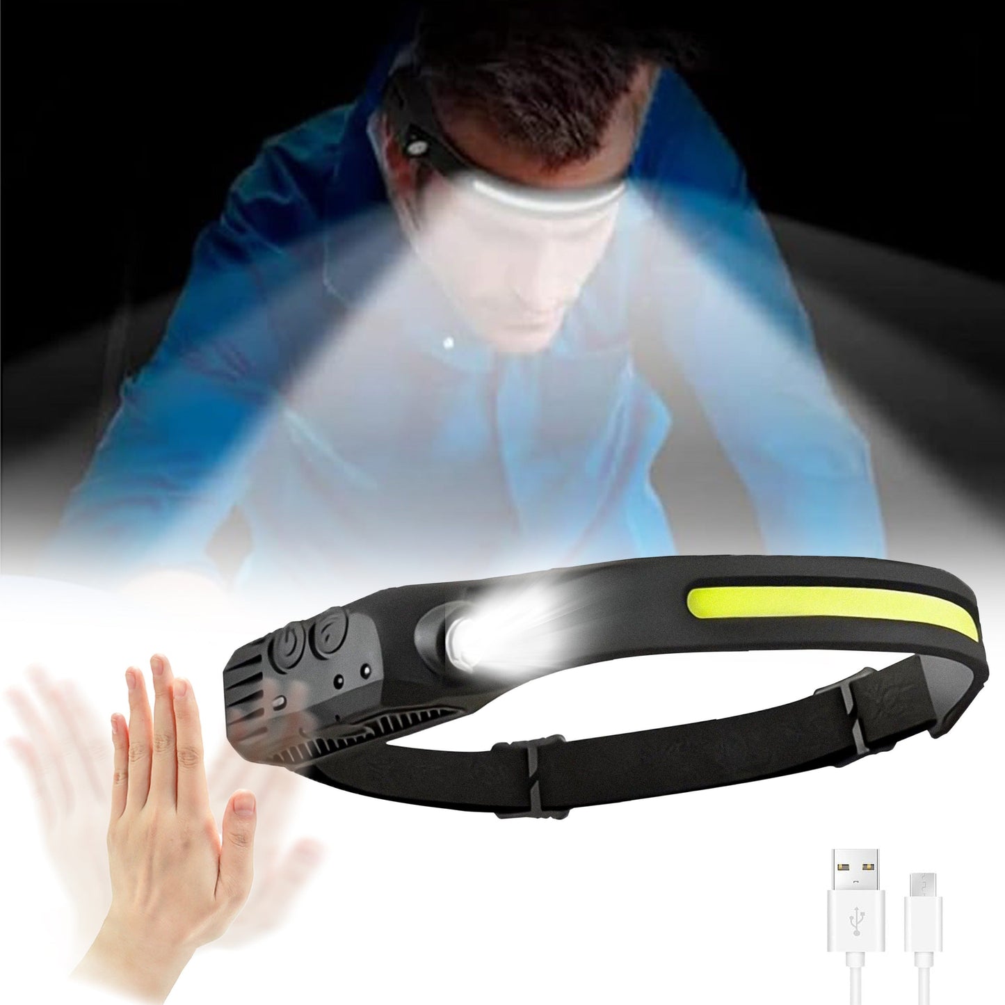 Four-Pack Rechargeable COB Strip Headlamps with 230° Wide-Light Label, Side Spotlight and Motion Sensor