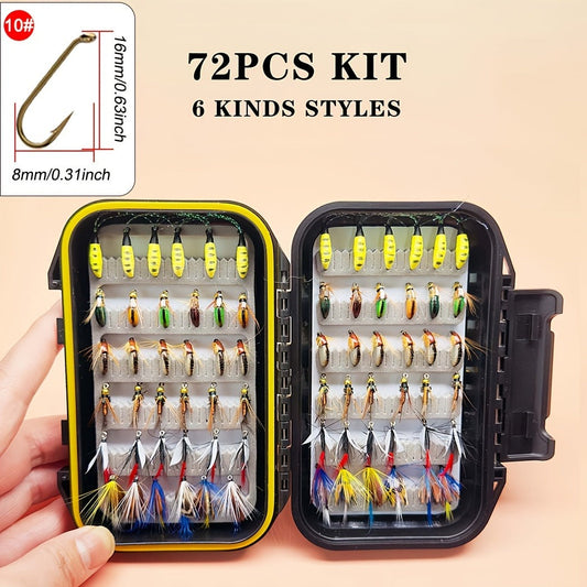 Fly Fishing Lures 72pcs Dry & Wet Flies Assortment with Fly Box – Hand-Tied 6 Patterns for Trout, Bass & Salmon, Biomimetic Bait