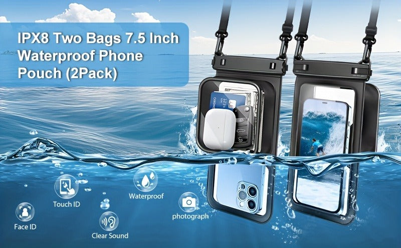 Waterproof Phone Pouch 2-Pack Double Layer Black & Cyan – PVC Dry Bag for Swimming, Rafting & Water Sports, Fits Up to 7.5"
