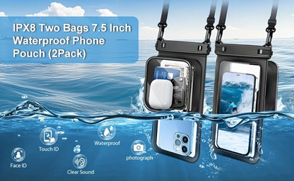 Waterproof Phone Pouch 2-Pack Double Layer Black & Cyan – PVC Dry Bag for Swimming, Rafting & Water Sports, Fits Up to 7.5"