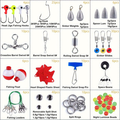 Fishing Accessories Kit 228 Piece Complete Fishing Set with Tackle Box Hooks Sinkers Swivels Lures Essential Gear for Freshwater Saltwater