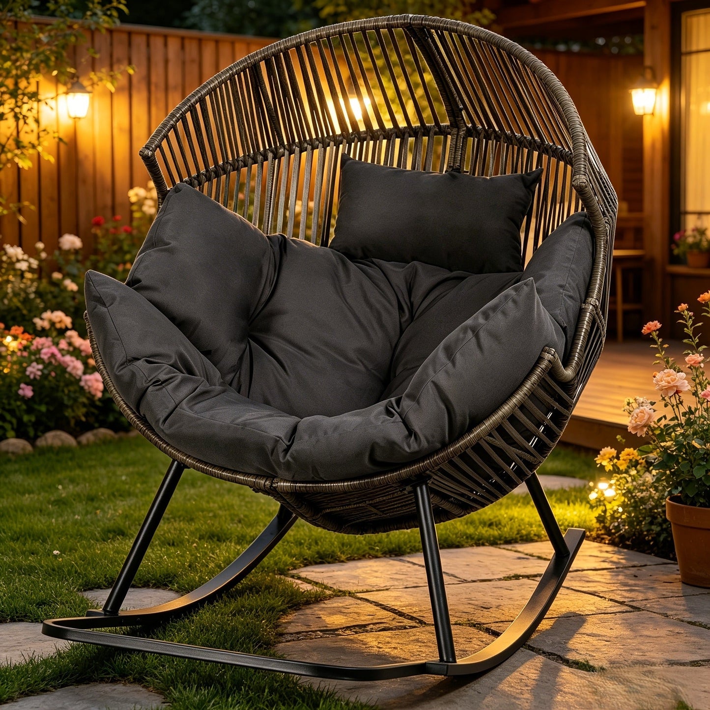 Egg Chair Outdoor Wicker PE Rattan Oversized Patio Lounge Chair with Cushion Rocking Egg Chair for Garden, Patio and Yard Use