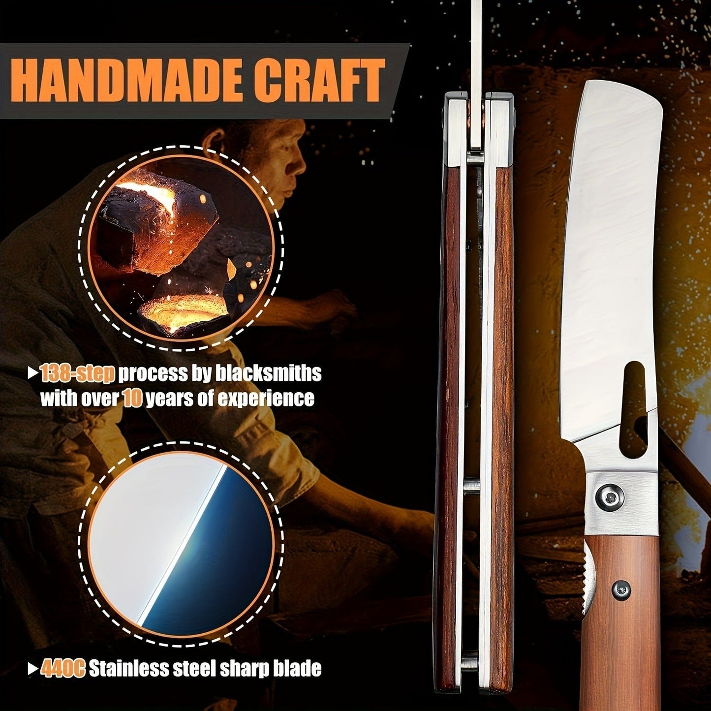 Folding Nakiri Kitchen Knife with 440C Stainless Steel Label, Wood-Look Handle, Drawstring Pouch and Box