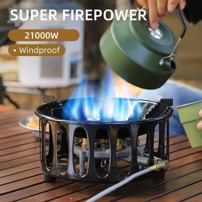 Windproof Camp Stove 21000W Collapsible, Seven Star Camping Gas Stove with Piezo Igniter & Fuel Canister Adapter