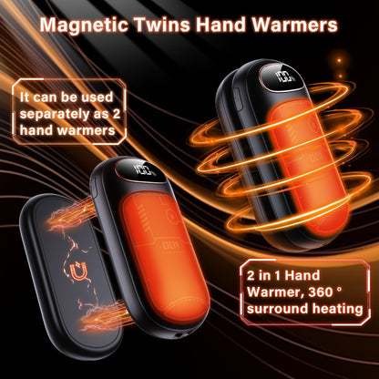 Rechargeable Hand Warmers 2-Pack – 2-in-1 Electric Hand Warmer & Power Bank with LED Display, Heats Up to 131°F, USB-C Fast Charge