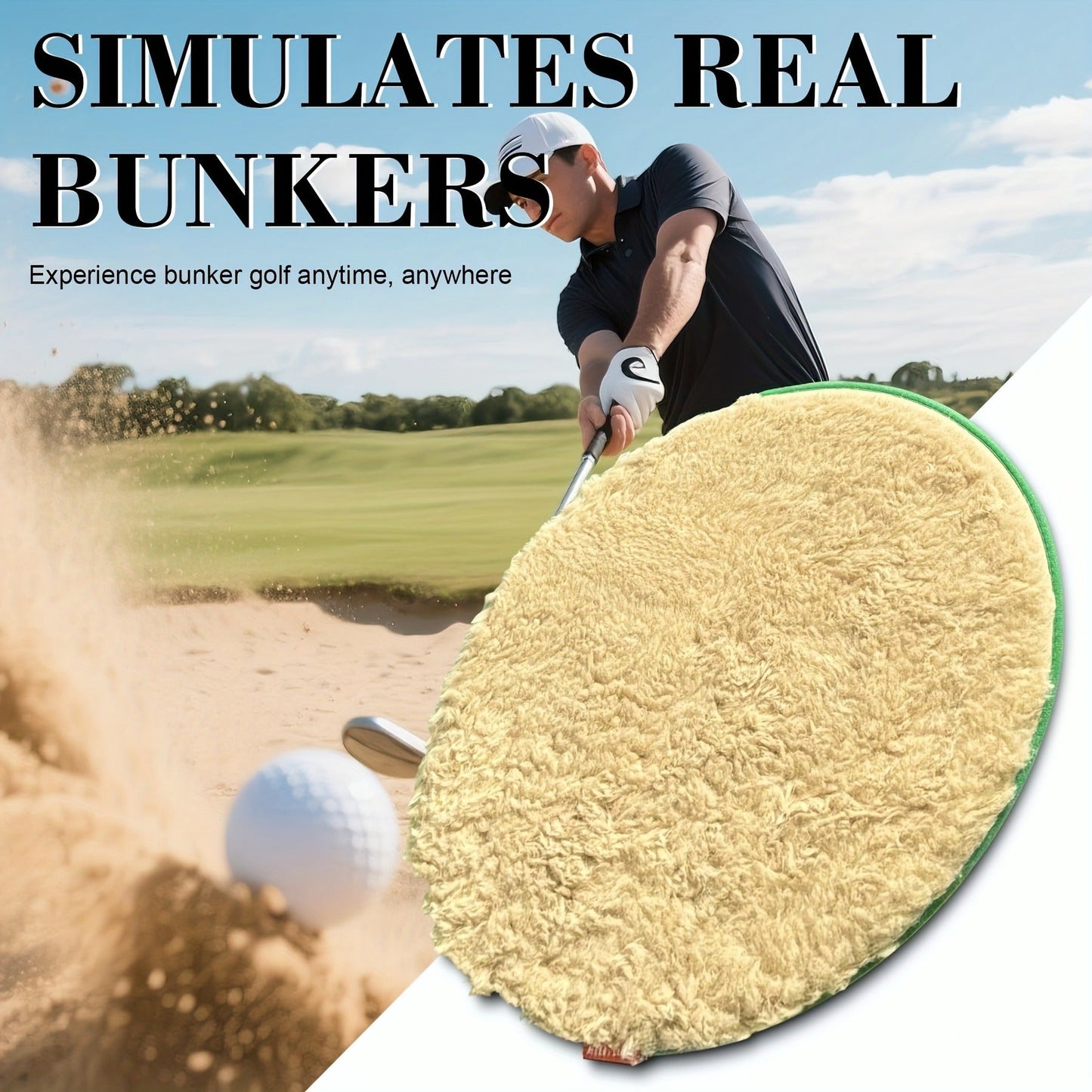 Round Golf Bunker Practice Mat with 19.69-Inch Diameter, Two Yellow Practice Balls and Green Border