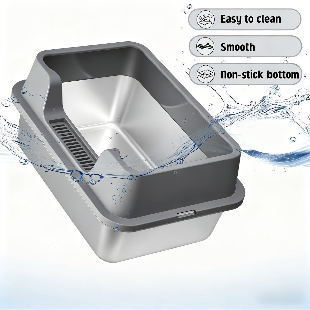 Stainless Steel Cat Litter Box with High-Wall Surround, Front Step, Scoop and 8.46- or 10.43-Inch Wall Options