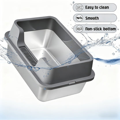 Stainless Steel Cat Litter Box with High-Wall Surround, Front Step, Scoop and 8.46- or 10.43-Inch Wall Options