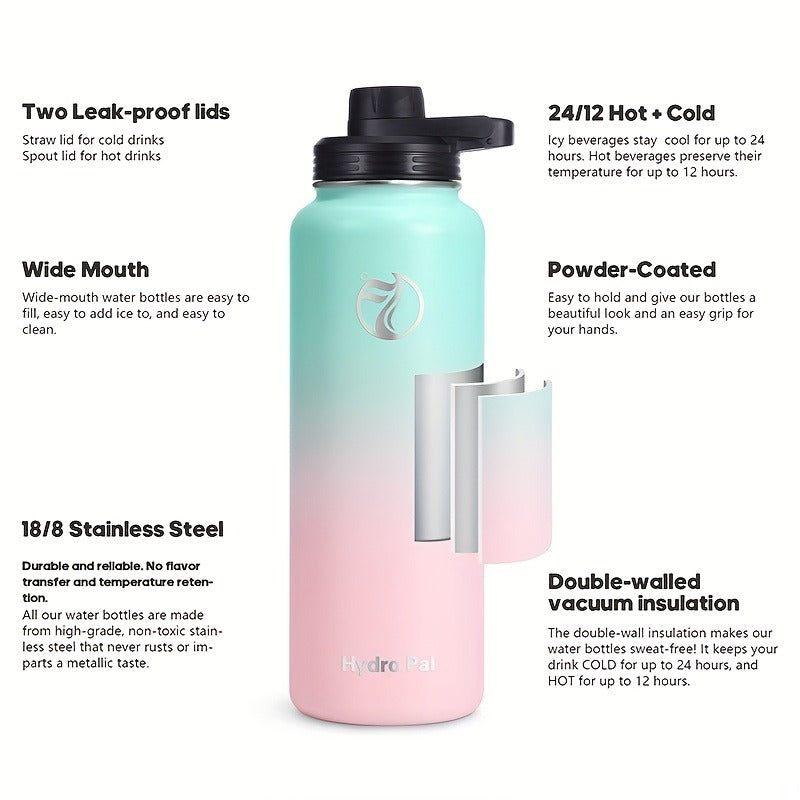 40oz HydroPal Water Bottle with Separate Straw and Chug Lids, Two Straws and 12 Color or Pattern Options