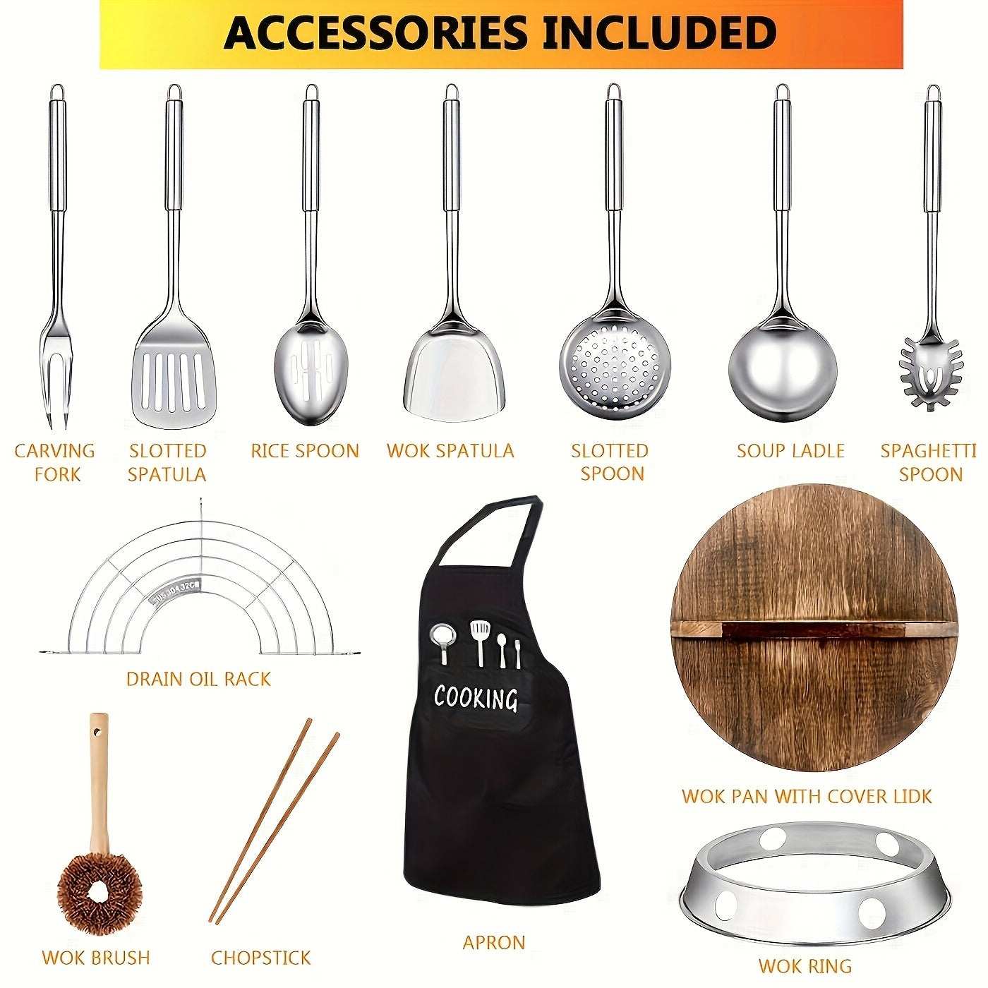 Wok Set Cast Iron 12.6 Inch Nonstick with 13 Accessories, Natural Nonstick No Chemical Coating Stir Fry Pan with Lid & Detachable Handle