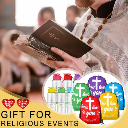 Christian Party Gifts Bulk Set 20pcs – 10 Drawstring Backpacks & 10 Sport Bottles with Bible Verses, God Loves You Church Event Favors
