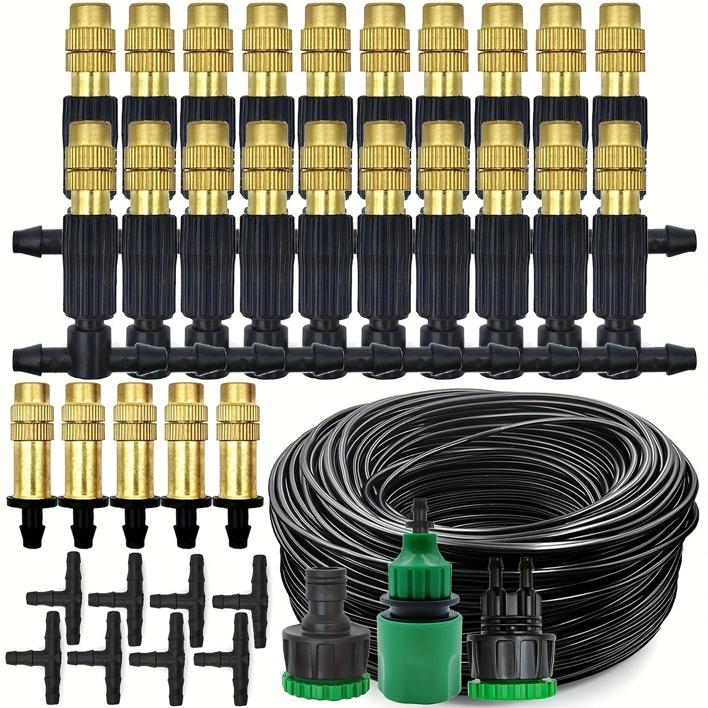 Outdoor Misting Cooling System 15m – 1/4" Brass Nozzles, 4/7mm Hose, Patio Garden Greenhouse