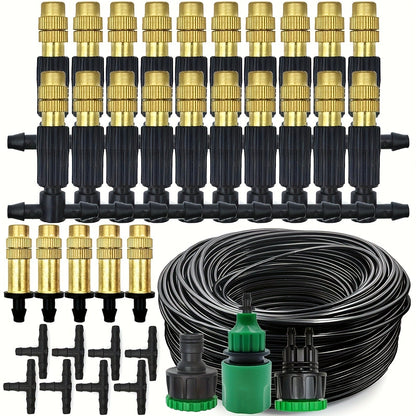 Outdoor Misting Cooling System 15m – 1/4" Brass Nozzles, 4/7mm Hose, Patio Garden Greenhouse