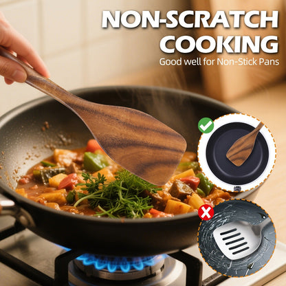 Wooden Cooking Utensils Set 6 Piece – Teak Wood Non-Stick Kitchen Tools with Comfortable Grip | Sturdy, Lightweight & Heat-Resistant