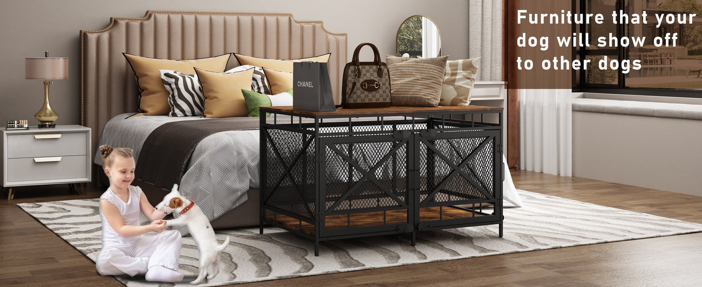 Dog Crate Furniture 43 Inch Corner Indoor Kennel, Heavy Duty Engineered Wood Dog Cage with Side Door for Large Medium Breeds