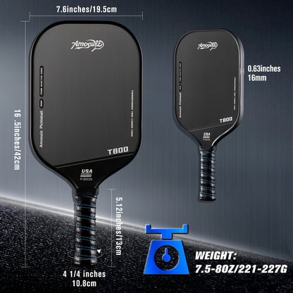 Carbon Fiber Pickleball Paddle T800 Thermoformed – 16mm Double Foam EVA Core, Elongated Racket for Spin, Power & Control