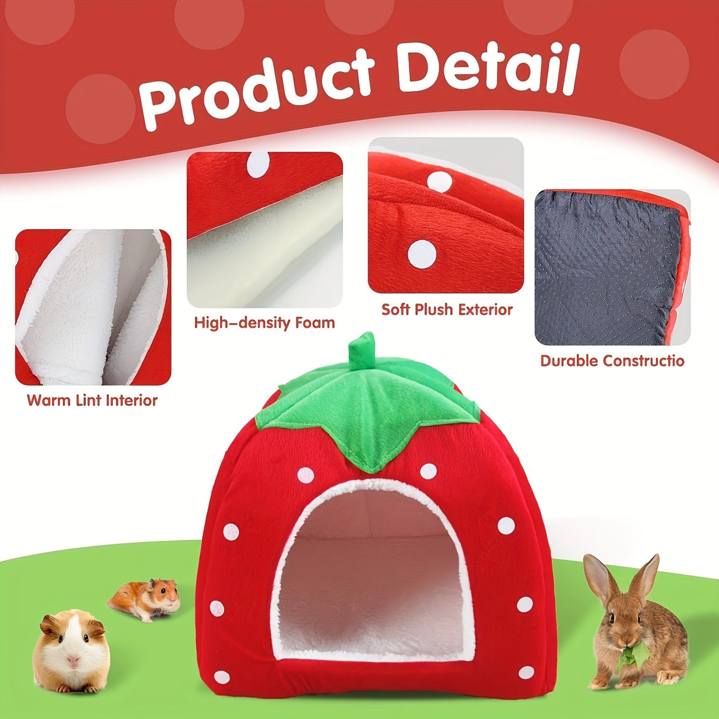 Small Animal Hideaway Bed 2pcs – Strawberry Plush Hideout for Guinea Pigs, Hamsters & Rabbits, Semi-Enclosed Warm Nest with Leaf Design