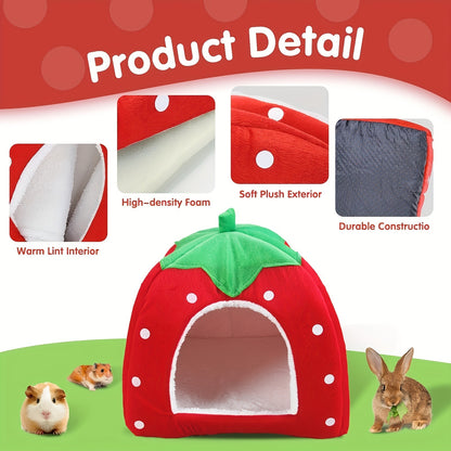 Small Animal Hideaway Bed 2pcs – Strawberry Plush Hideout for Guinea Pigs, Hamsters & Rabbits, Semi-Enclosed Warm Nest with Leaf Design