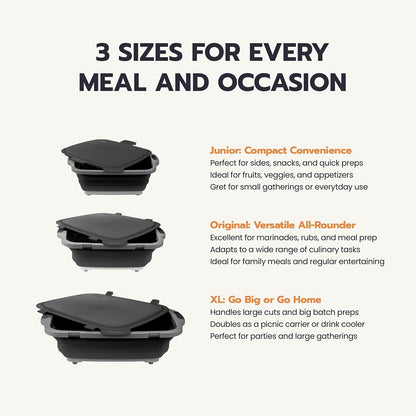 Collapsible Three-in-One BBQ Prep Tub with Cutting Board, Washing Basket, Drain Plug and Locking Lid in Black
