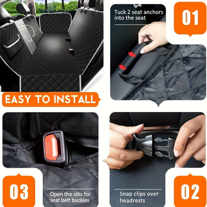 Gray Black Quilted Dog Car Back Seat Hammock with Mesh Window, Storage Pockets and 54 x 58 Inch Fit