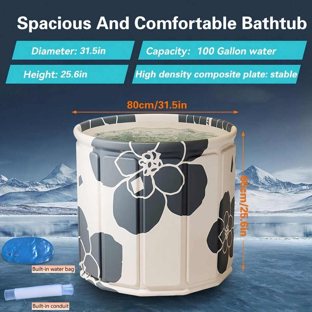 Round Foldable Adult Soaking Tub in Black-and-White Geometric Pattern with Freestanding Support Frame and Drain
