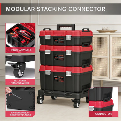 Rolling Tool Box with Wheels 3-Tier Stackable Organizer | Lockable Compartments, Connected Storage, 17" Large Plastic Toolbox for Garage