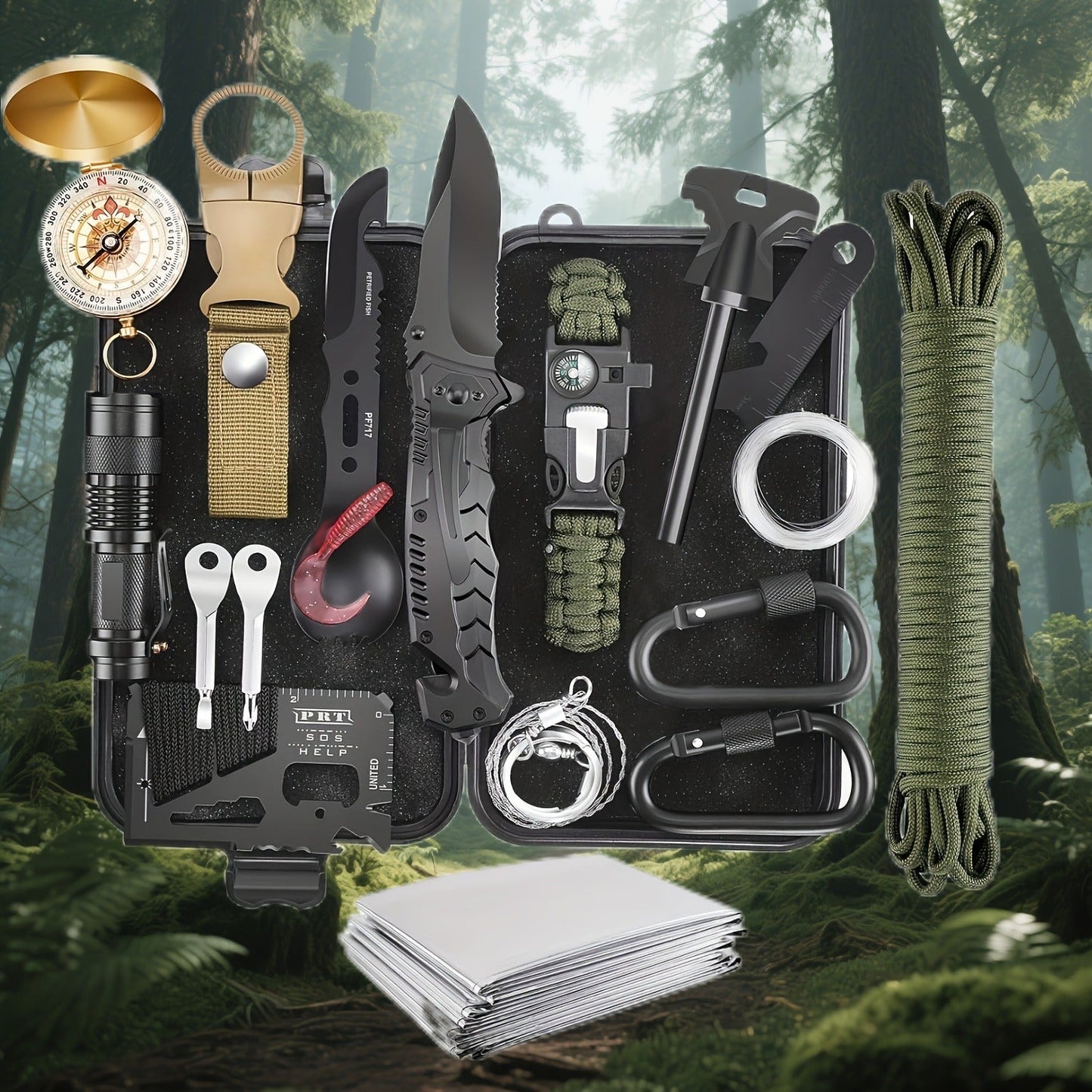 Wilderness Survival Kit, 12/20/60 Piece Outdoor Emergency Gear Set with Paracord Bracelet, Survival Whistle, Flashlight, Wire Saw & More