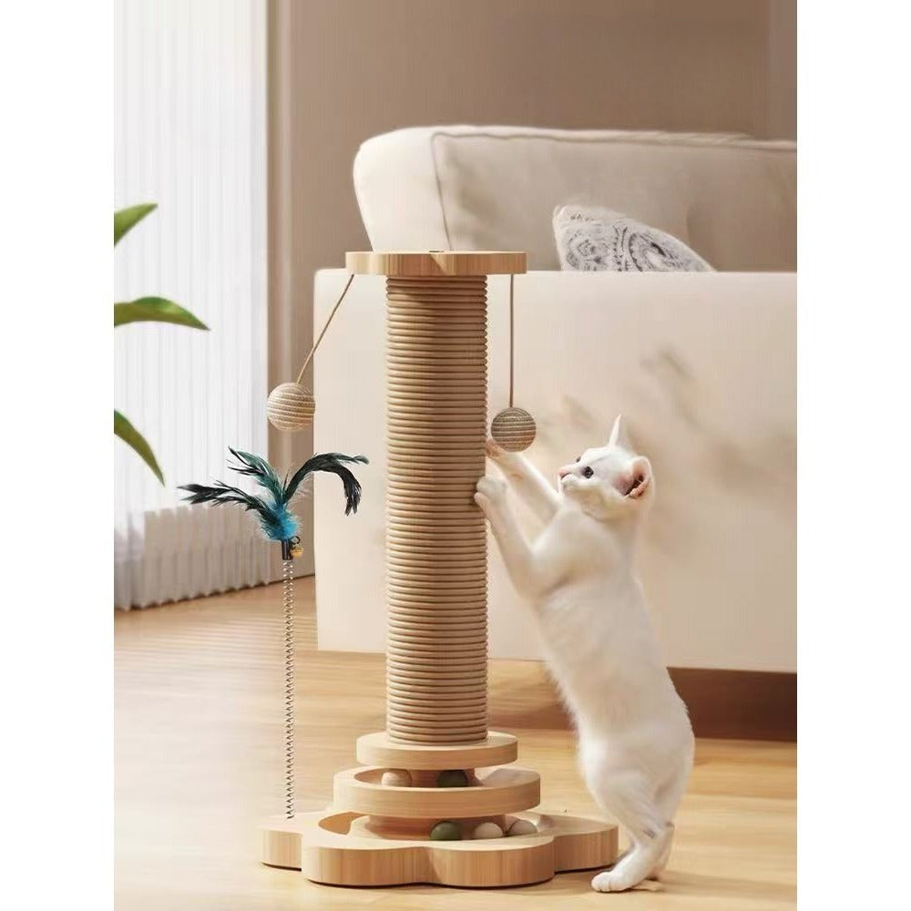 Sisal Cat Scratching Post with Hanging Ball & Turntable Interactive Toy 18.1 Inch – Sturdy Non-Slip Base Suction Cup Bottom for Kittens