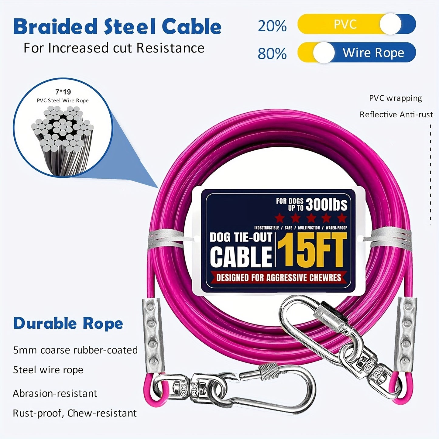 Dog Tie Out Cable for Yard Heavy Duty – Steel Wire Runner Leash with Swivel Hooks, Holds Up to 300 lbs, Anti-Tangle Dog Run Cable
