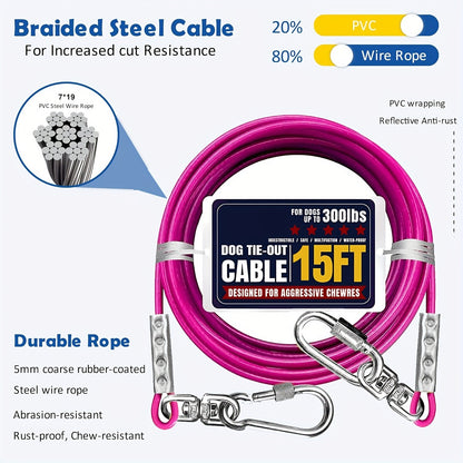 Dog Tie Out Cable for Yard Heavy Duty – Steel Wire Runner Leash with Swivel Hooks, Holds Up to 300 lbs, Anti-Tangle Dog Run Cable