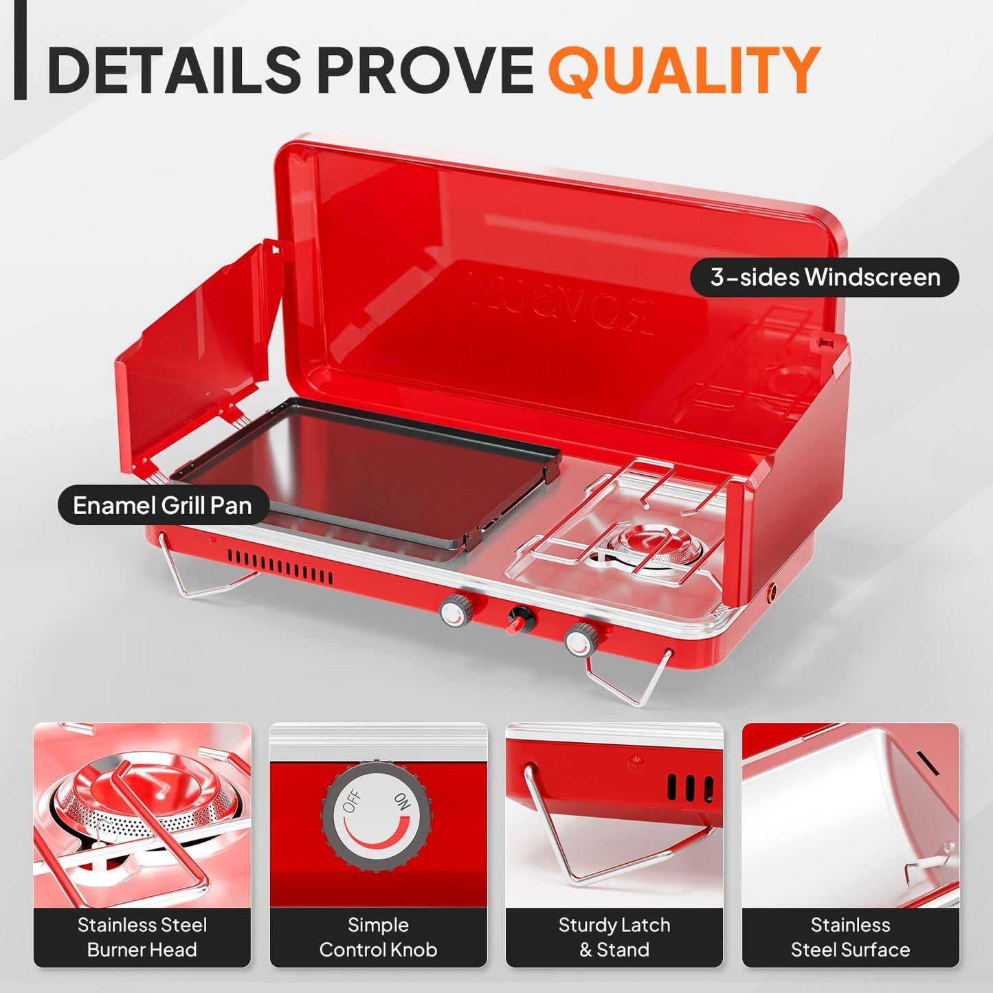 Portable Propane Griddle and Burner Camping Stove with Four Color Labels and 23.23-Inch Closed Width