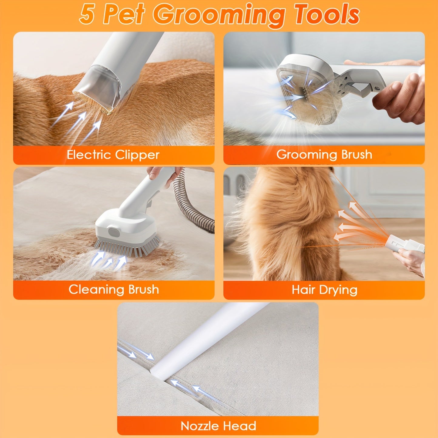 Dog Grooming Vacuum 8-in-1 & 9-in-1 with Dryer Function – 2.2L Large Cup, Low Noise Pet Grooming Vacuum for Shedding, 6 Grooming Tools