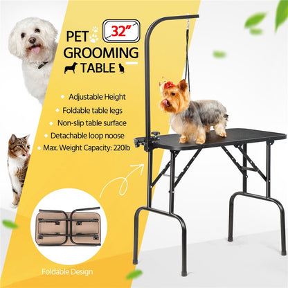 Pet Grooming Table Foldable with Height Adjustable Arm – Non-Slip Waterproof Surface, Folding Legs, Sturdy Metal Frame