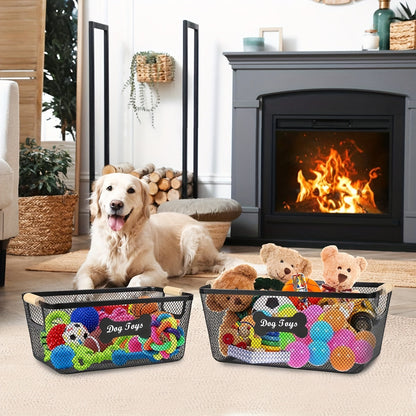 Metal Dog Toy Storage Basket Set with Wooden Handles – 2-Pack Mesh Wire Organizer Bin for Dog Toys, Collars, Blankets & Accessories
