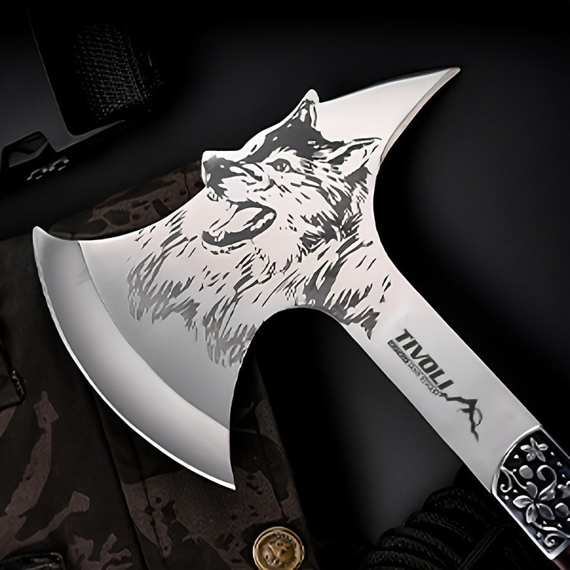 Viking Hatchet High Carbon Steel – Full Tang Camping Axe with Nylon Sheath & Gift Box | Animal Carved Handle for Wood Splitting