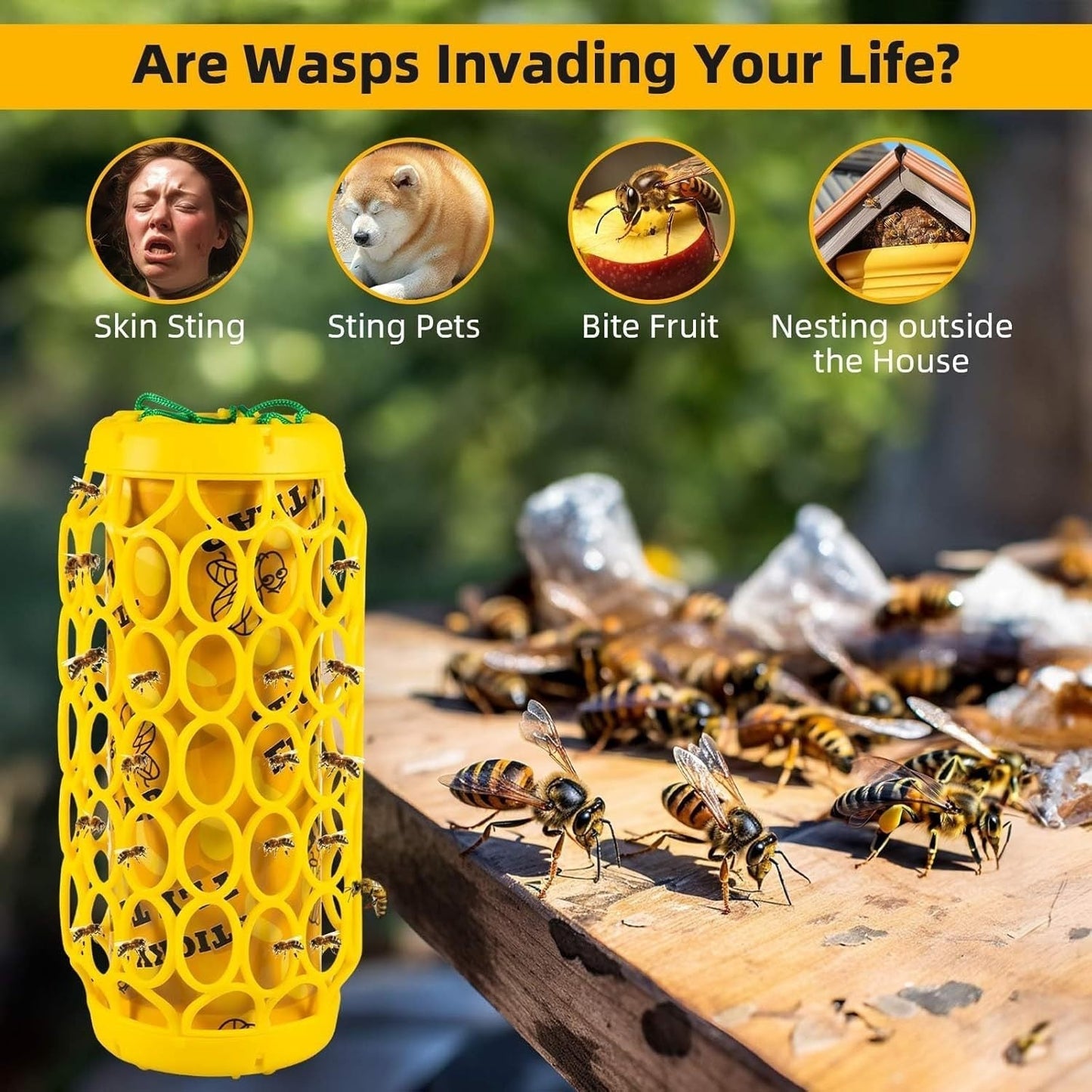 Wasp Trap Outdoor Hanging Reusable Yellow Jacket Trap Carpenter Bee Hornet Catcher with Sticky Bait for Garden Patio Outside