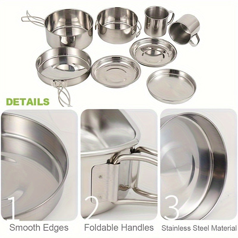 Stainless Steel Camping Cookware Set 8 Piece with Pots Pans Plates Cups and Handles – Lightweight Outdoor Cooking Kit for Camping Hiking