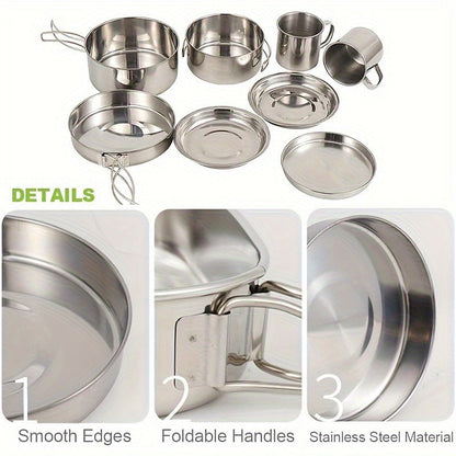 Stainless Steel Camping Cookware Set 8 Piece with Pots Pans Plates Cups and Handles – Lightweight Outdoor Cooking Kit for Camping Hiking