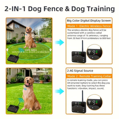Wireless Dog Fence System with Remote Training Collar – 2.4GHz 800ft Range, 9-Level Adjustable, Containment System