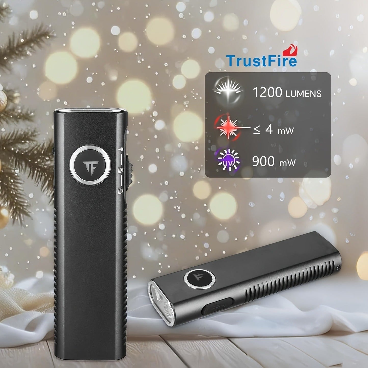 EDC Pocket Flashlight, 1200 Lumen Triple Light Source with White UV Red Beam & Laser, Type-C Rechargeable 5-Mode Mini LED Torch