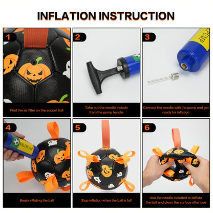 Halloween Dog Ball Toy with Pump – Football Shaped Chew Ball for Dogs, Pumpkin Ghost Design, Durable Rubber Fetch Toy