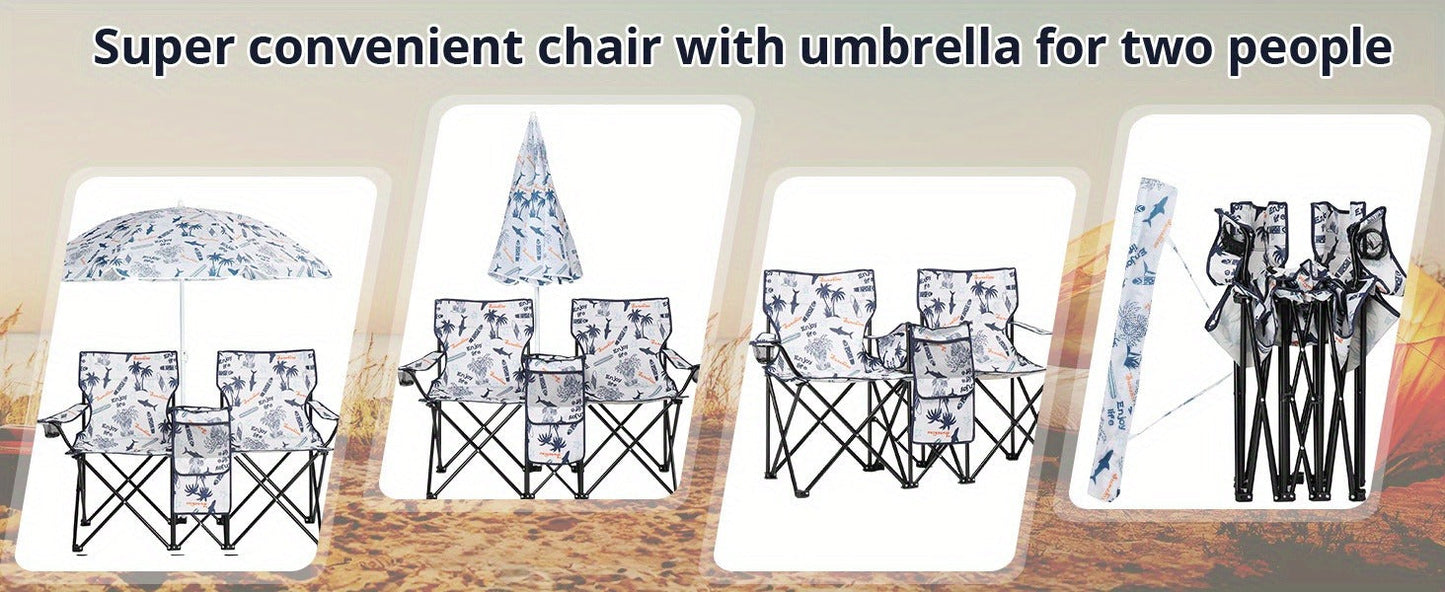 Folding Fishing Chair with Sun Umbrella – 2-Seat Portable Outdoor Chair, Iron Alloy Frame & Oxford Fabric, Built-In Storage Bag & Carry Bag