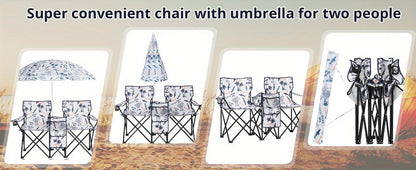 Folding Fishing Chair with Sun Umbrella – 2-Seat Portable Outdoor Chair, Iron Alloy Frame & Oxford Fabric, Built-In Storage Bag & Carry Bag