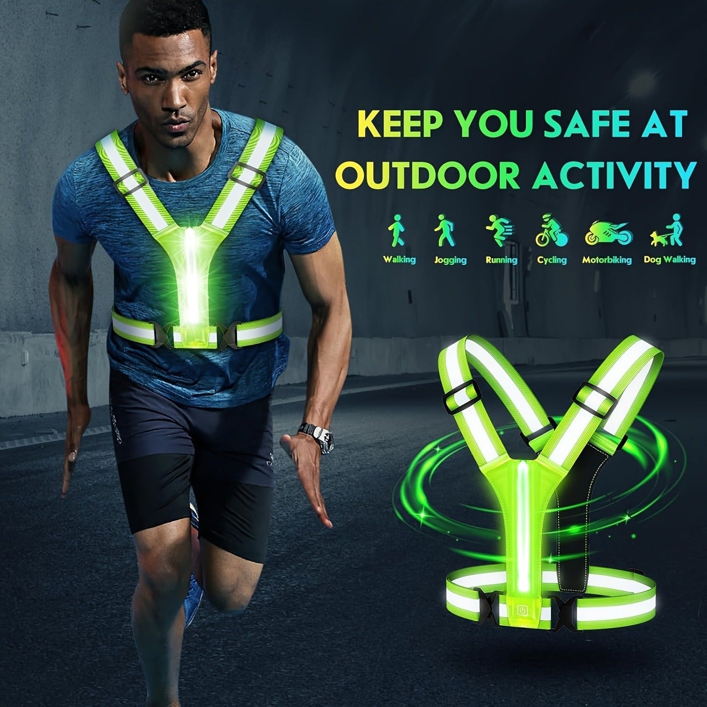 Reflective Running Vest with 3 LED Lighting Modes – High Visibility Safety Vest for Night Running, Walking & Cycling